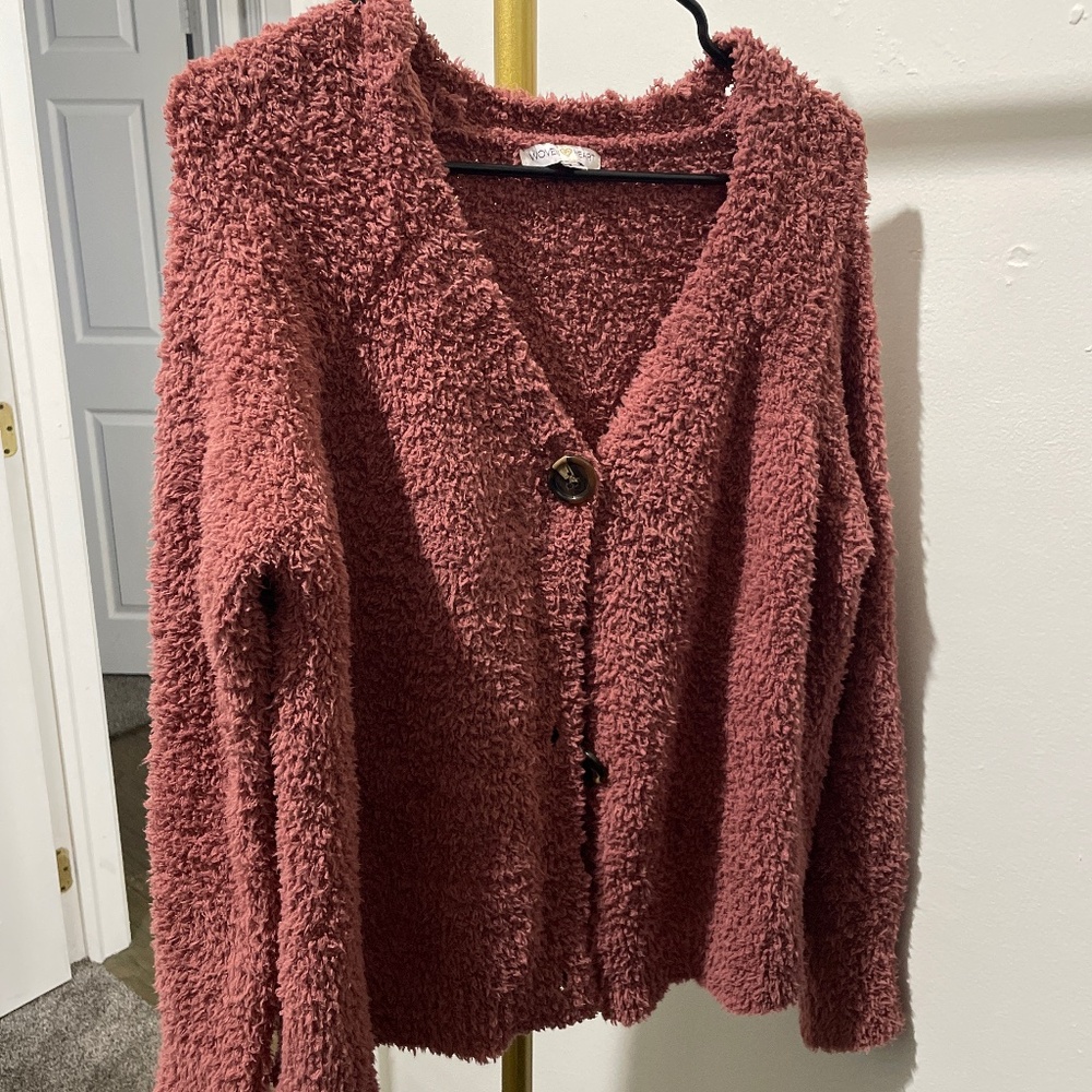Woven Heart Pink Fuzzy Cardigan Size S